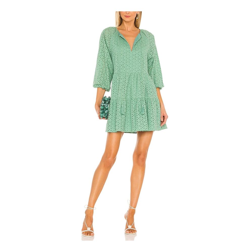 Karina Grimaldi 'Irina' Green Split Neckline Tassel Tie Eyelet Mini Dress Size